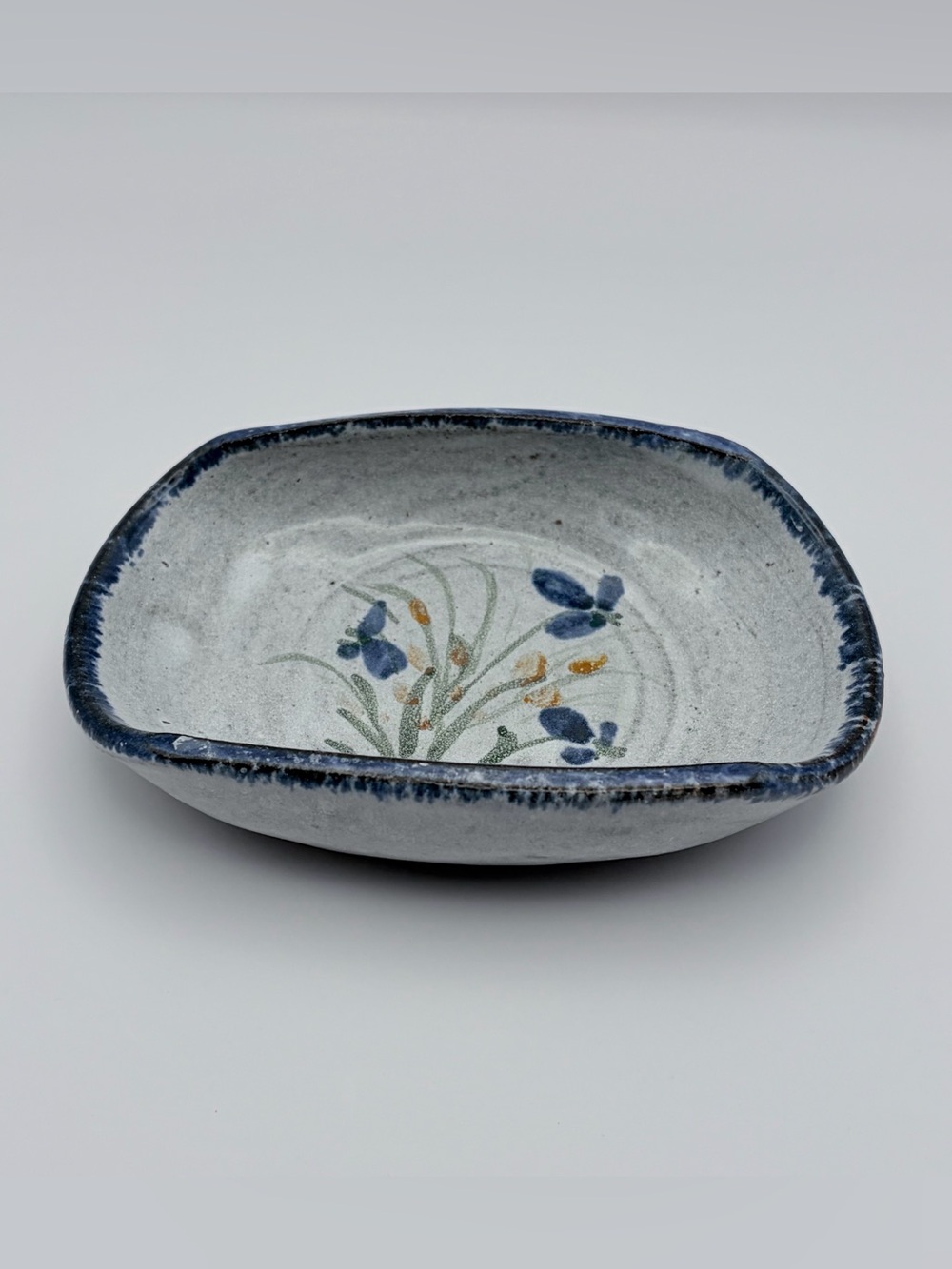 Handmade, Owens Pottery, Seagrove, NC, Soap Dish, Redware, Irises, Blue/Gray